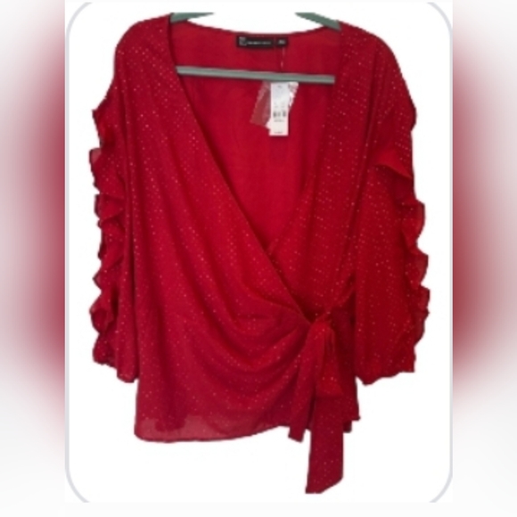 NY&C Red With Gold Polka Dot Wrap Blouse XXL  Long Sleeve Holiday Ready NWT - Picture 3 of 9